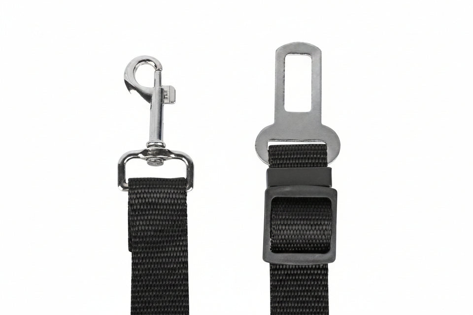Black dog leash with metal clip and measurements on a white background