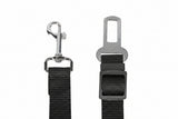 Black dog leash with metal clip and measurements on a white background