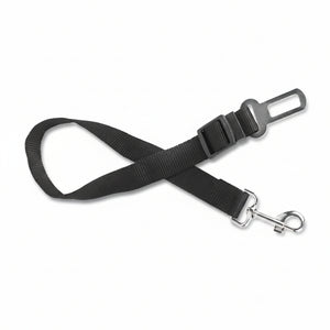 Black dog leash with metal clip and measurements on a white background