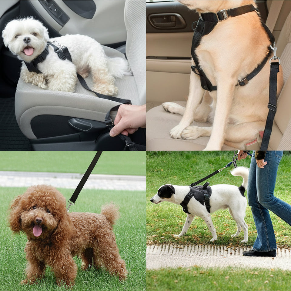 Dog safety harness and leash product with multiple uses including car seat, walking, and grass.