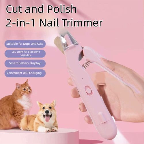 Pink 2-in-1 nail trimmer for pets with a hand holding it, on a pink background.