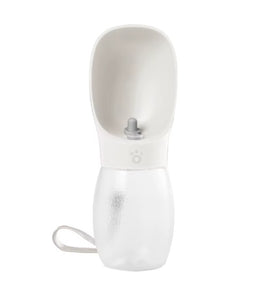 A pet water bottle with an integrated turquoise silicone bowl on top and a clear plastic lower bottle, shown on a white background with a carrying strap.