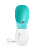 A pet water bottle with an integrated turquoise silicone bowl on top and a clear plastic lower bottle, shown on a white background with a carrying strap.