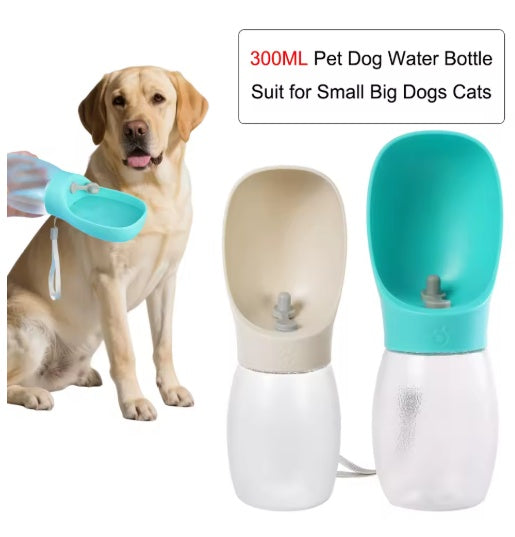 Two 300ML pet water bottles shown on a white background, alongside a yellow Labrador retriever holding a turquoise bowl and a text box stating '300ML Pet Dog Water Bottle Suit for Small Big Dogs Cats'.