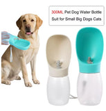 Two 300ML pet water bottles shown on a white background, alongside a yellow Labrador retriever holding a turquoise bowl and a text box stating '300ML Pet Dog Water Bottle Suit for Small Big Dogs Cats'.