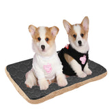 Two corgi figurines wearing shirts on a cookie-shaped stand with a white background