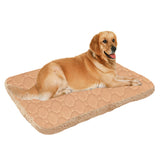 Dog lying on a beige pet bed with a white background