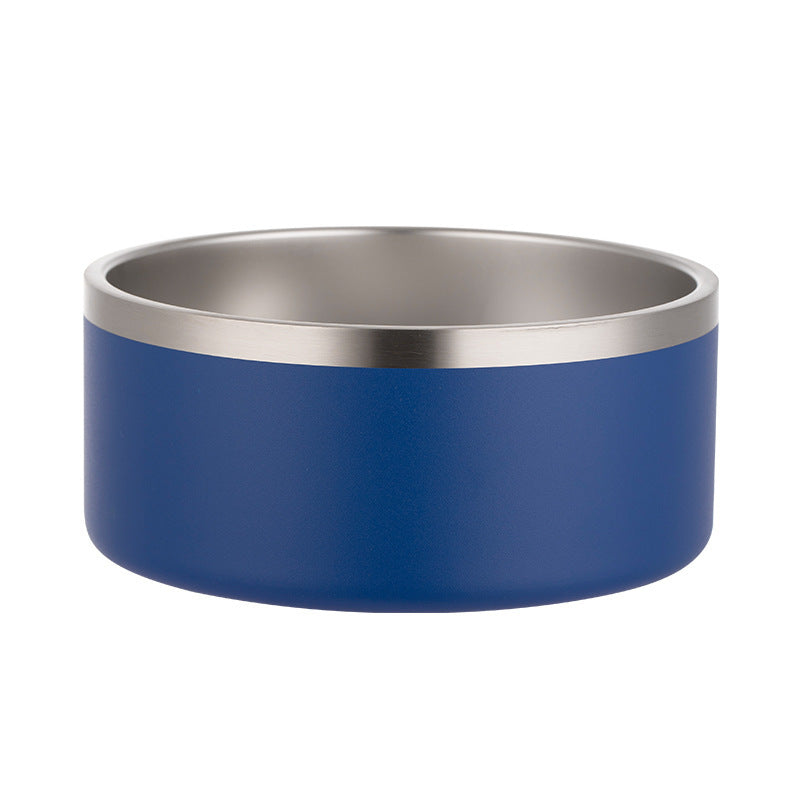 Blue pet bowl with silver interior on a white background