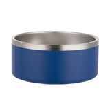 Blue pet bowl with silver interior on a white background