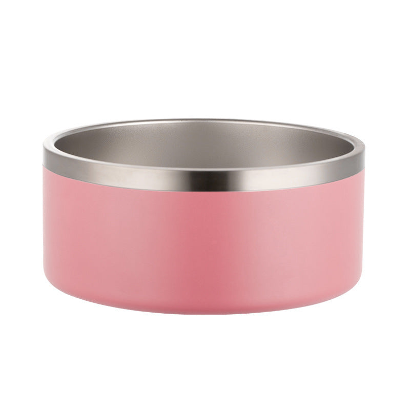 Pink pet bowl with a silver rim on a white background