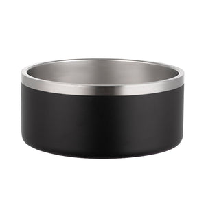 Pink pet bowl with a silver rim on a white background