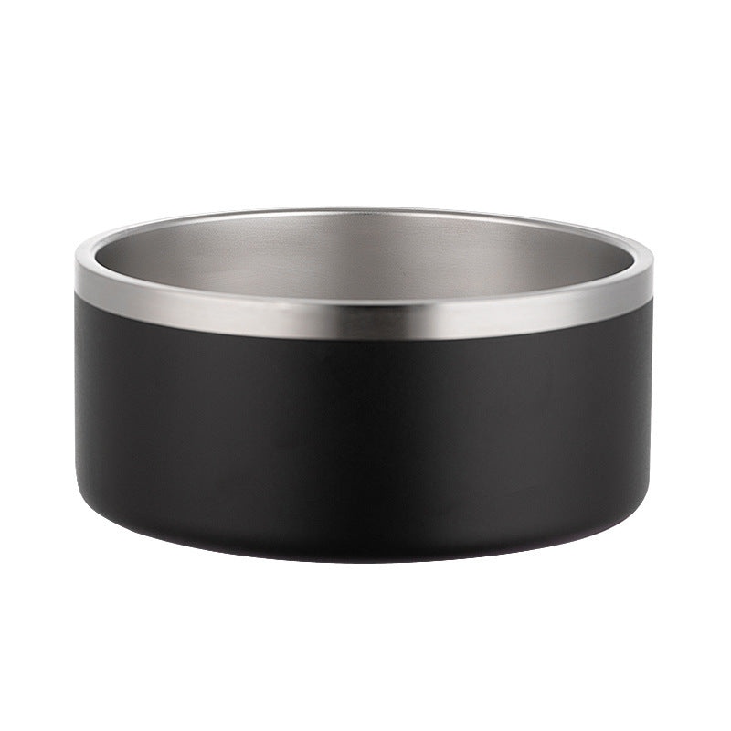 Black dog bowl with a silver rim on a white background
