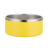 Yellow dog bowl with a silver rim on a white background