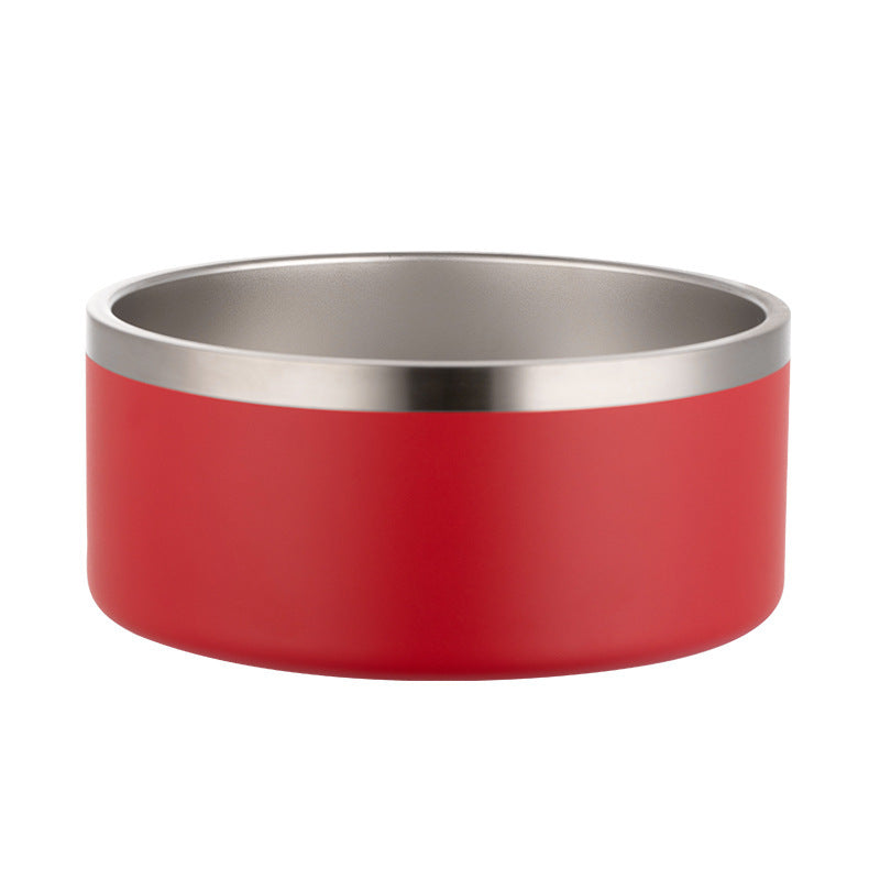 Red dog bowl with a silver interior on a white background