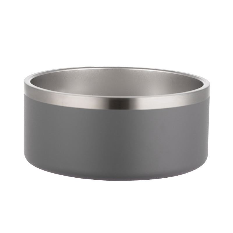 Gray dog bowl with a silver interior on a white background