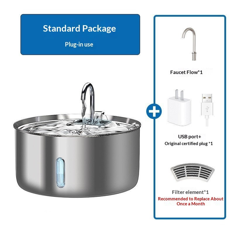 Stainless steel water fountain with included components on a white background