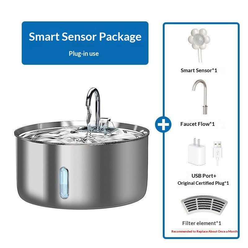 Stainless steel water fountain with smart sensor package components on a white background