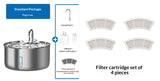 Stainless steel water filter with packaging showing filter cartridges on a white background