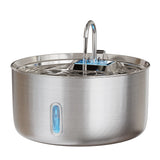Stainless steel pet water bowl with water dispenser on a white background