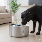 Black dog drinking from a stainless steel pet fountain in a living room.