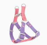 Pink and purple dog harness with metal buckles on a white background