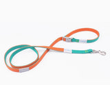 Dog leash with orange and teal pattern on a white background