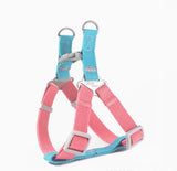 Pink and blue dog harness on a white background