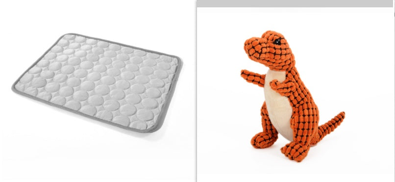Gray textured mat on the left and orange dinosaur toy on the right.