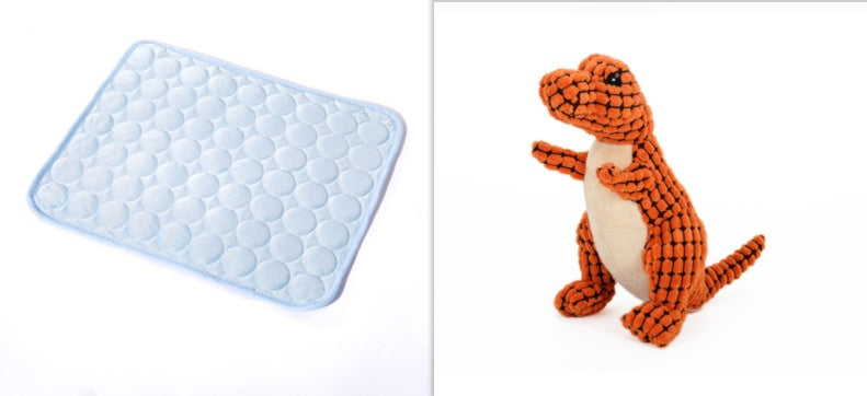 Blue textured mat and orange dinosaur toy on a white background