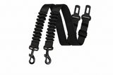 Black dog leash with shock absorber and clip on a white background