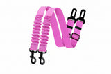 Pink dog leash with black clips on a white background