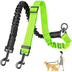 Pink dog leash with black clips on a white background