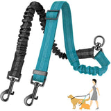 Teal and black dog leash with clip on a white background