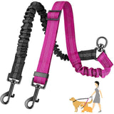 Pink and black dog leash with clip on a white background