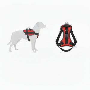 Red dog harness with handles for mobility assistance and canine control, on a white background.