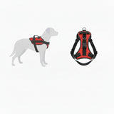 Size chart for a red dog harness with measurements and a gray dog silhouette.