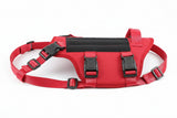 Red dog harness with black metal buckles on a white background