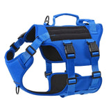 Blue dog harness with black accents on a white background