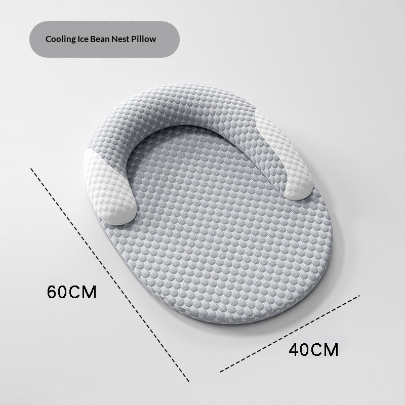 Gray cushion with bean bags and measurements on a light gray background