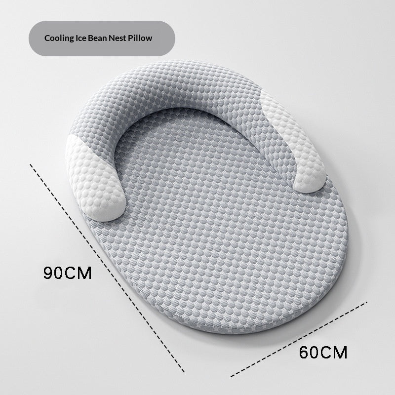 Gray cushion with bean bags and dimensions on a white background