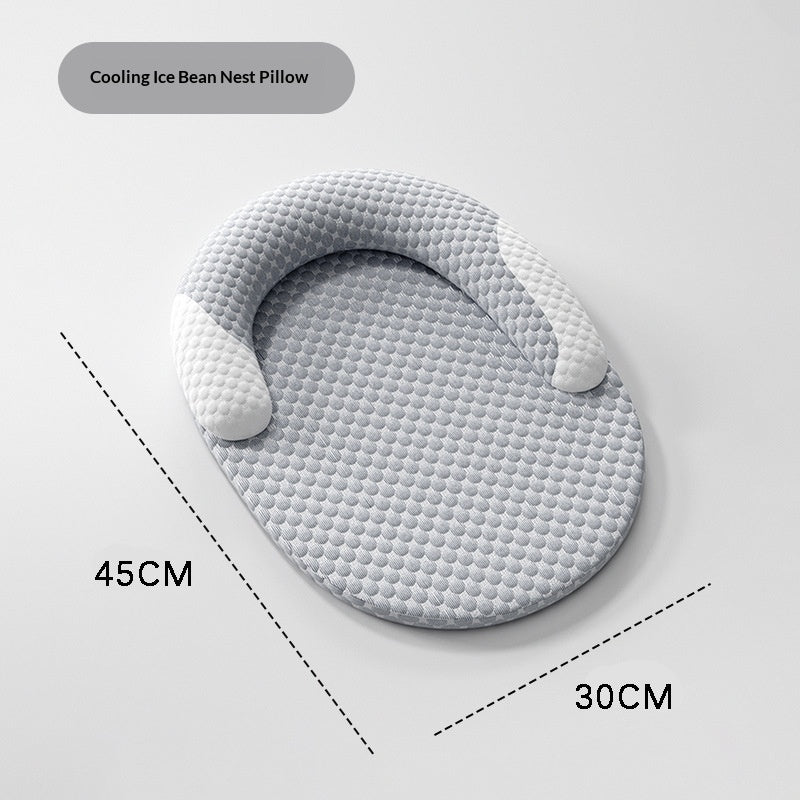 A cooling ice bean nest pillow shown on a light gray background with dimension labels indicating 45CM by 30CM. The pillow is light gray with a textured honeycomb pattern and white padded side supports.