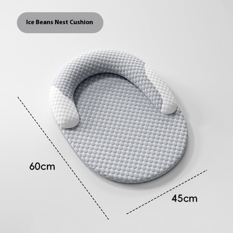Gray cushion with bean bags and measurements on a light gray background