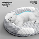 Dog lying on a soft, low pillow with text indicating it's suitable for sleeping and is an extended pillow.