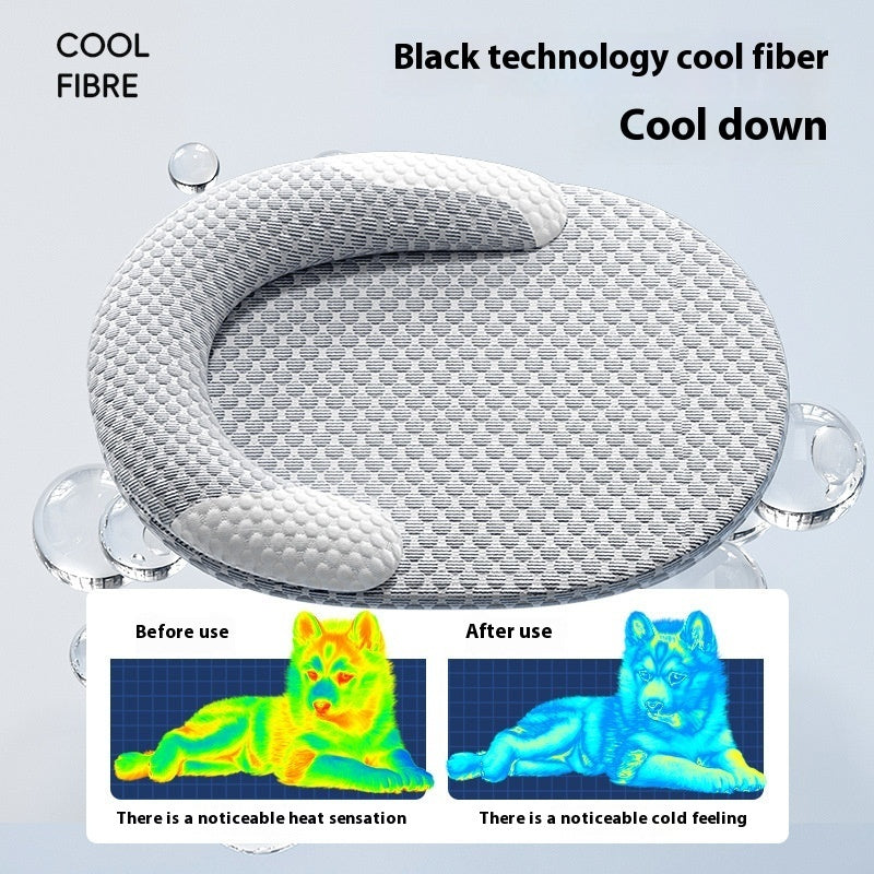 Gray cushion with text about 'Cool Fibre' technology and thermal imaging before and after use.