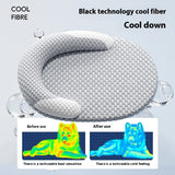 Gray cushion with text about 'Cool Fibre' technology and thermal imaging before and after use.