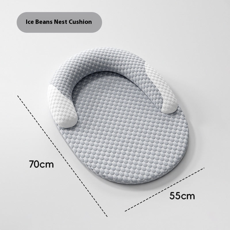 Gray cushion with bean bags and measurements on a light gray background