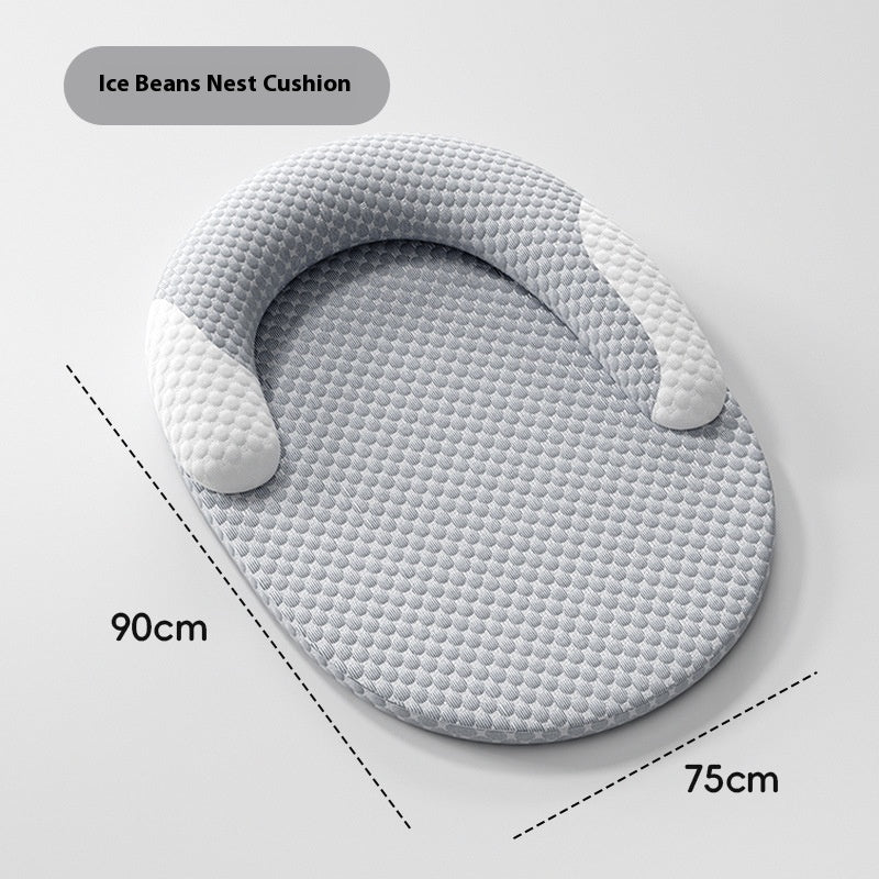 Gray baby pillow with dimensions on a white background
