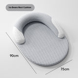 Gray baby pillow with dimensions on a white background