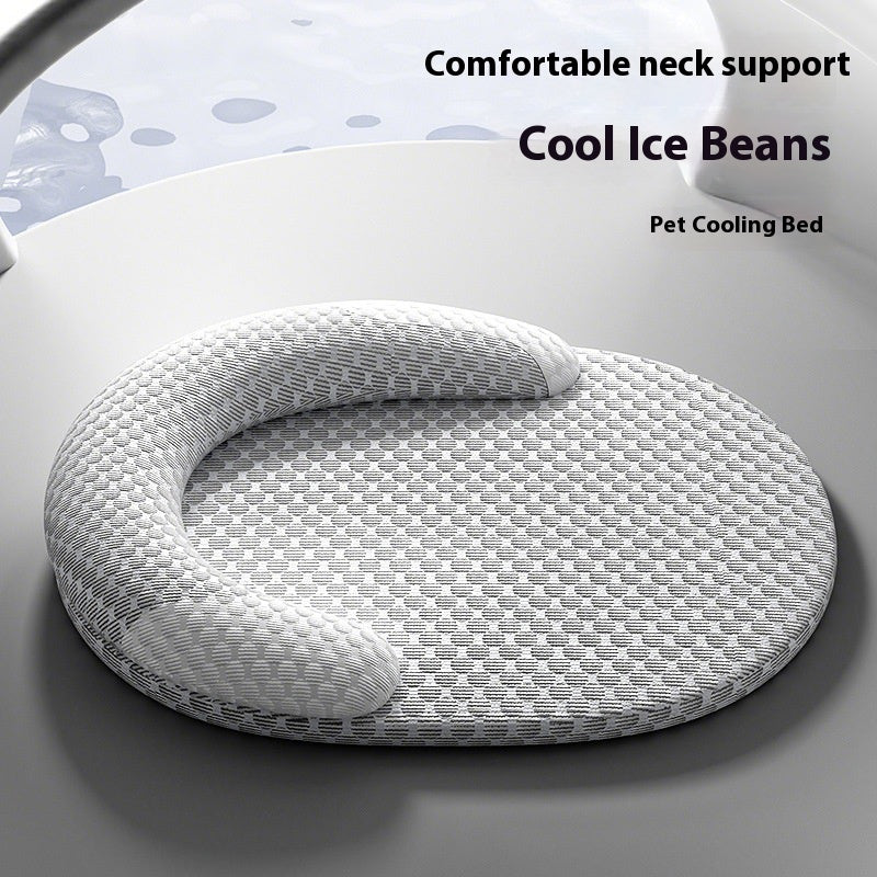 Gray pet cooling bed with 'Cool Ice Beans' text on a gray background