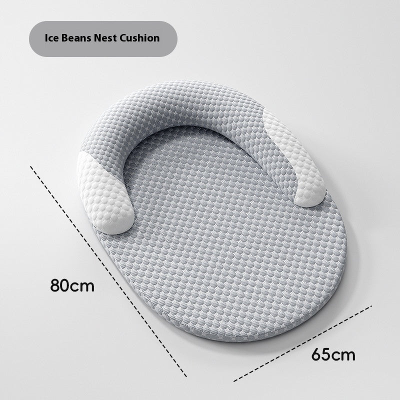 Gray baby pillow with dimensions on a light gray background